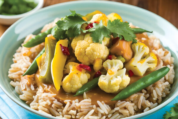 Cauliflower, Coconut & Turmeric Green Curry with Brown Rice